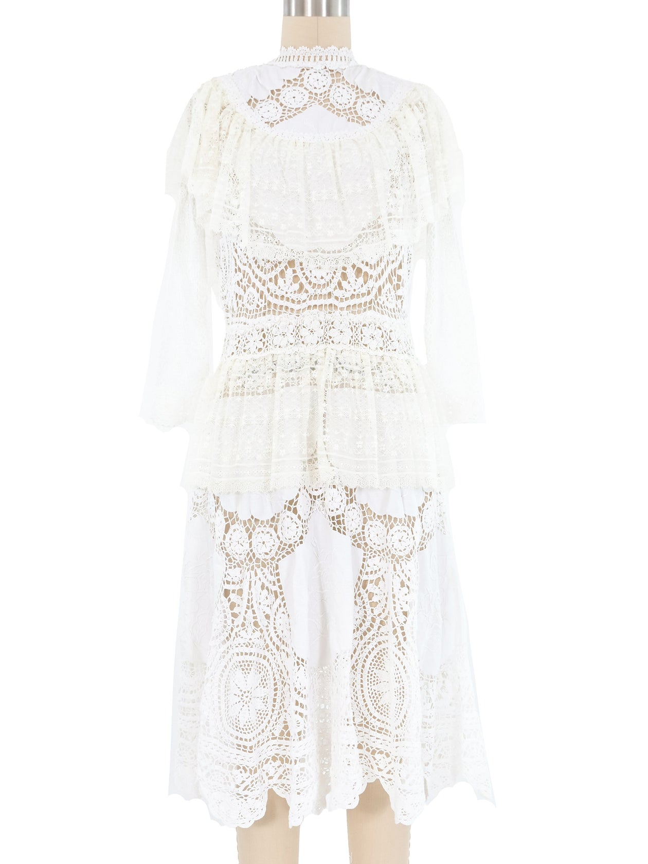 White Lace Ruffle Floral Embroidered Applique Midi Dress