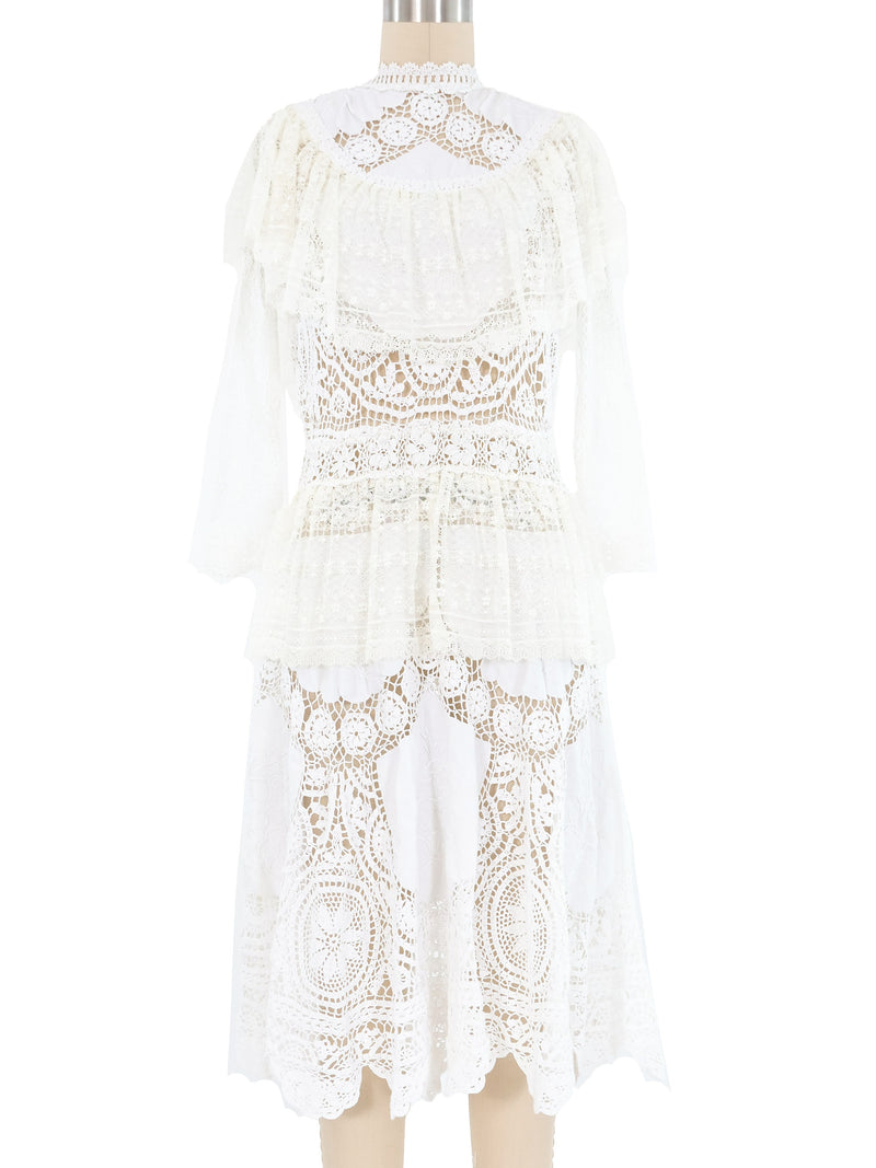 White Lace Ruffle Floral Embroidered Applique Midi Dress Dress arcadeshops.com