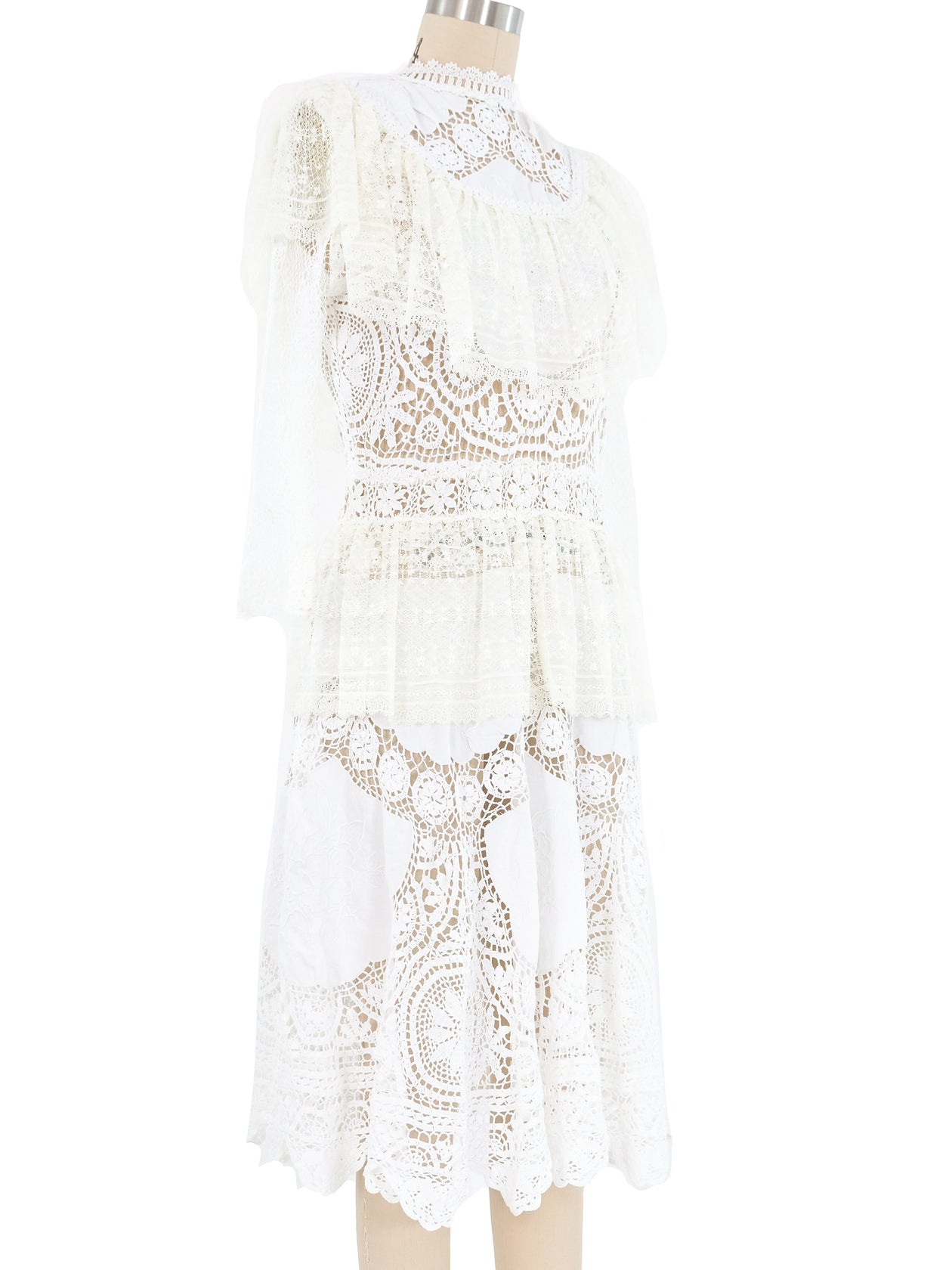 White Lace Ruffle Floral Embroidered Applique Midi Dress
