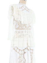 White Lace Ruffle Floral Embroidered Applique Midi Dress Dress arcadeshops.com