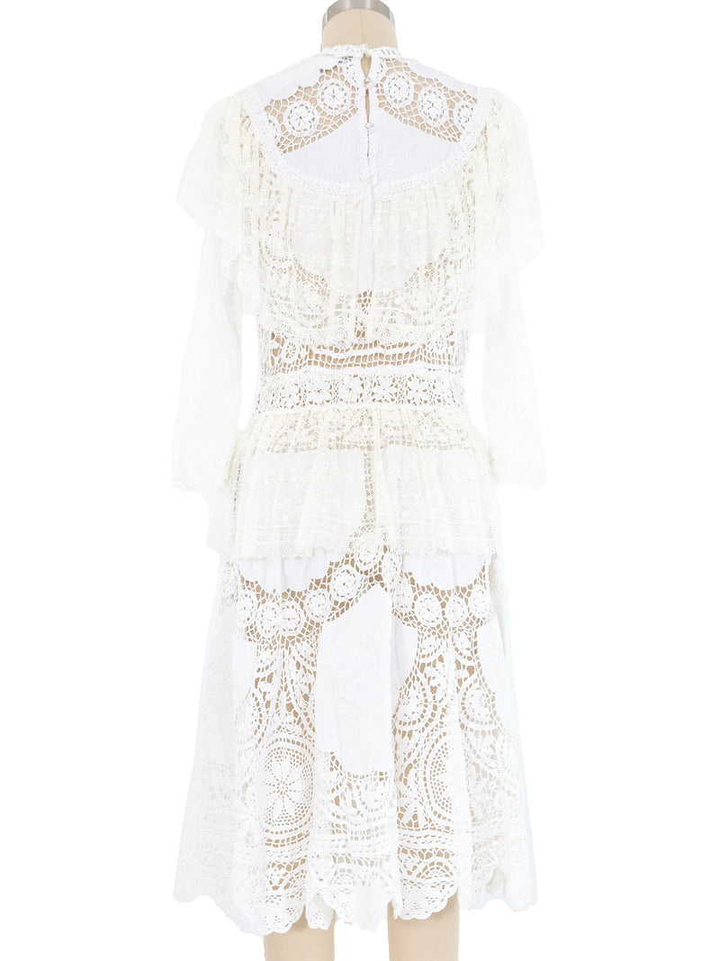 White Lace Ruffle Floral Embroidered Applique Midi Dress Dress arcadeshops.com