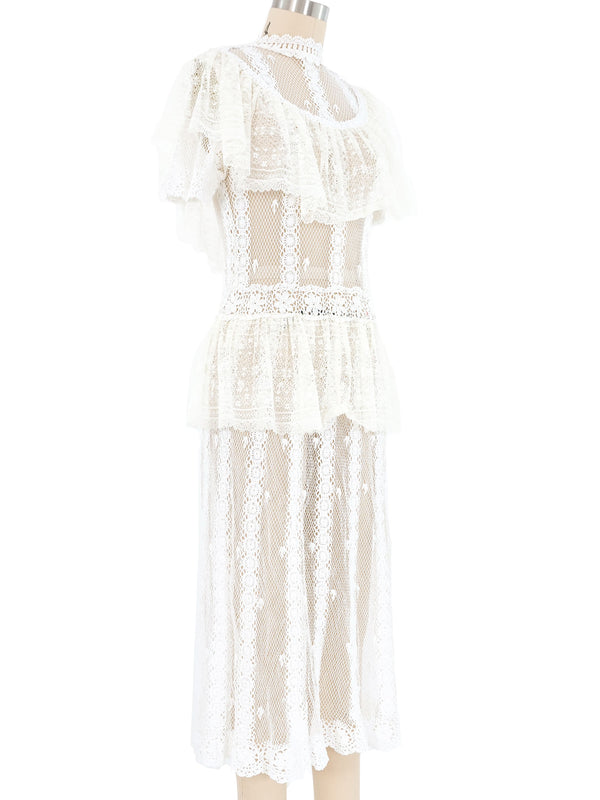 White Lace Ruffle Short Sleeve Midi Dress Dress arcadeshops.com