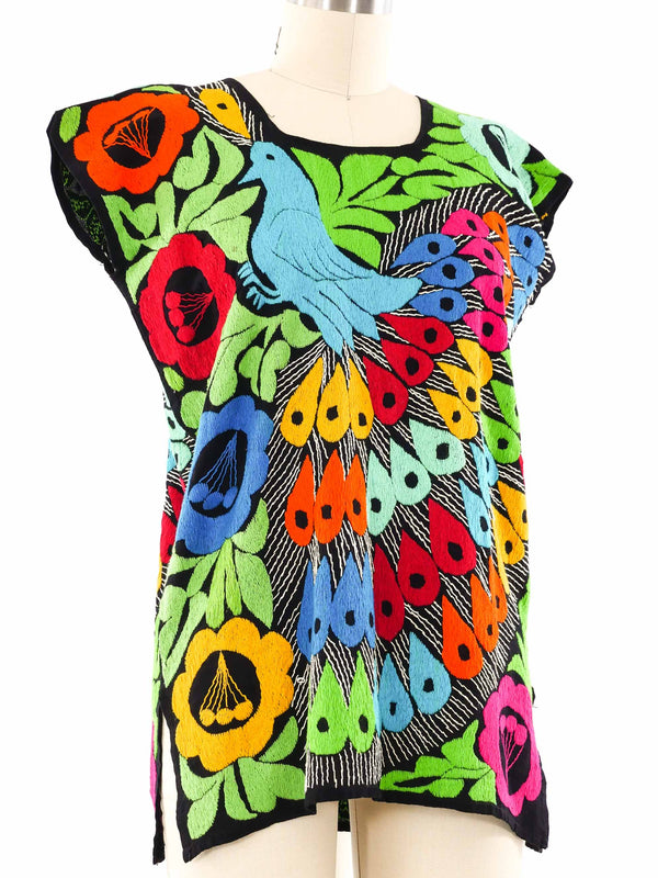 Peacock Motif Hand Embroidered Oaxacan Blouse Top arcadeshops.com