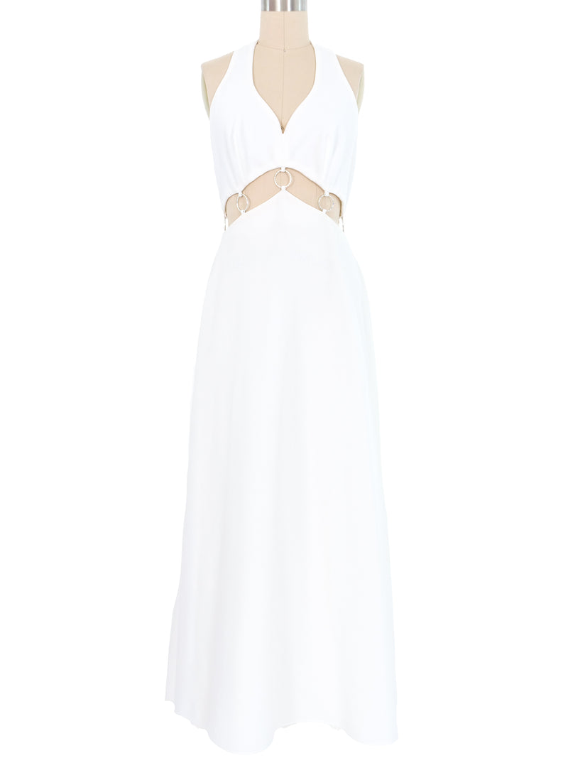 White Open Midriff Ring Accented Maxi Dress Dress arcadeshops.com