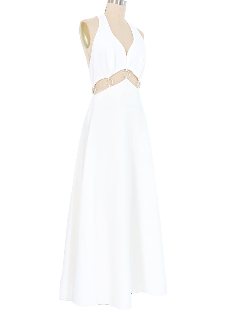 White Open Midriff Ring Accented Maxi Dress Dress arcadeshops.com