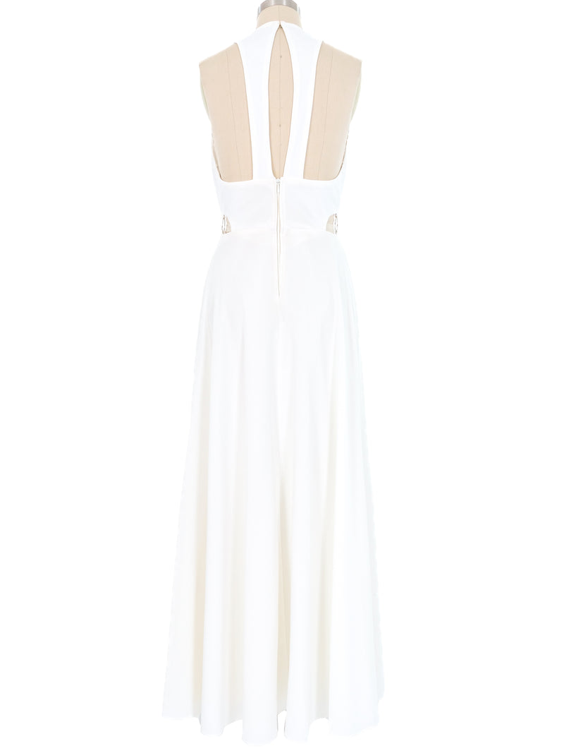 White Open Midriff Ring Accented Maxi Dress Dress arcadeshops.com