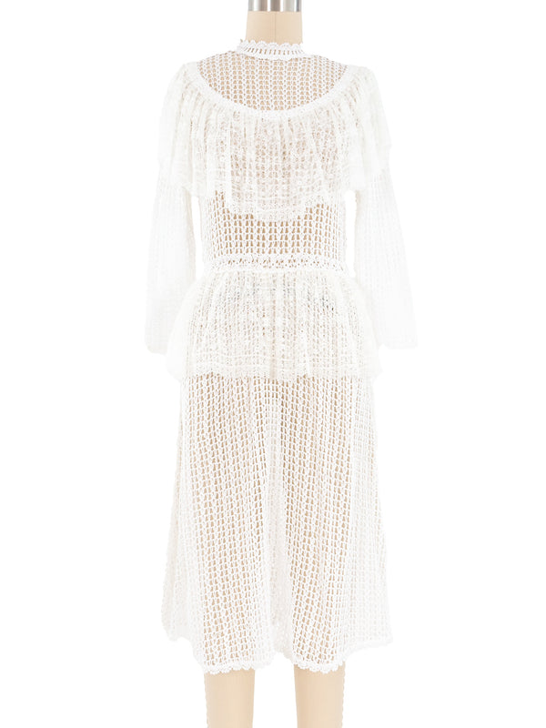 White Lace Ruffle Crochet Midi Dress Dress arcadeshops.com