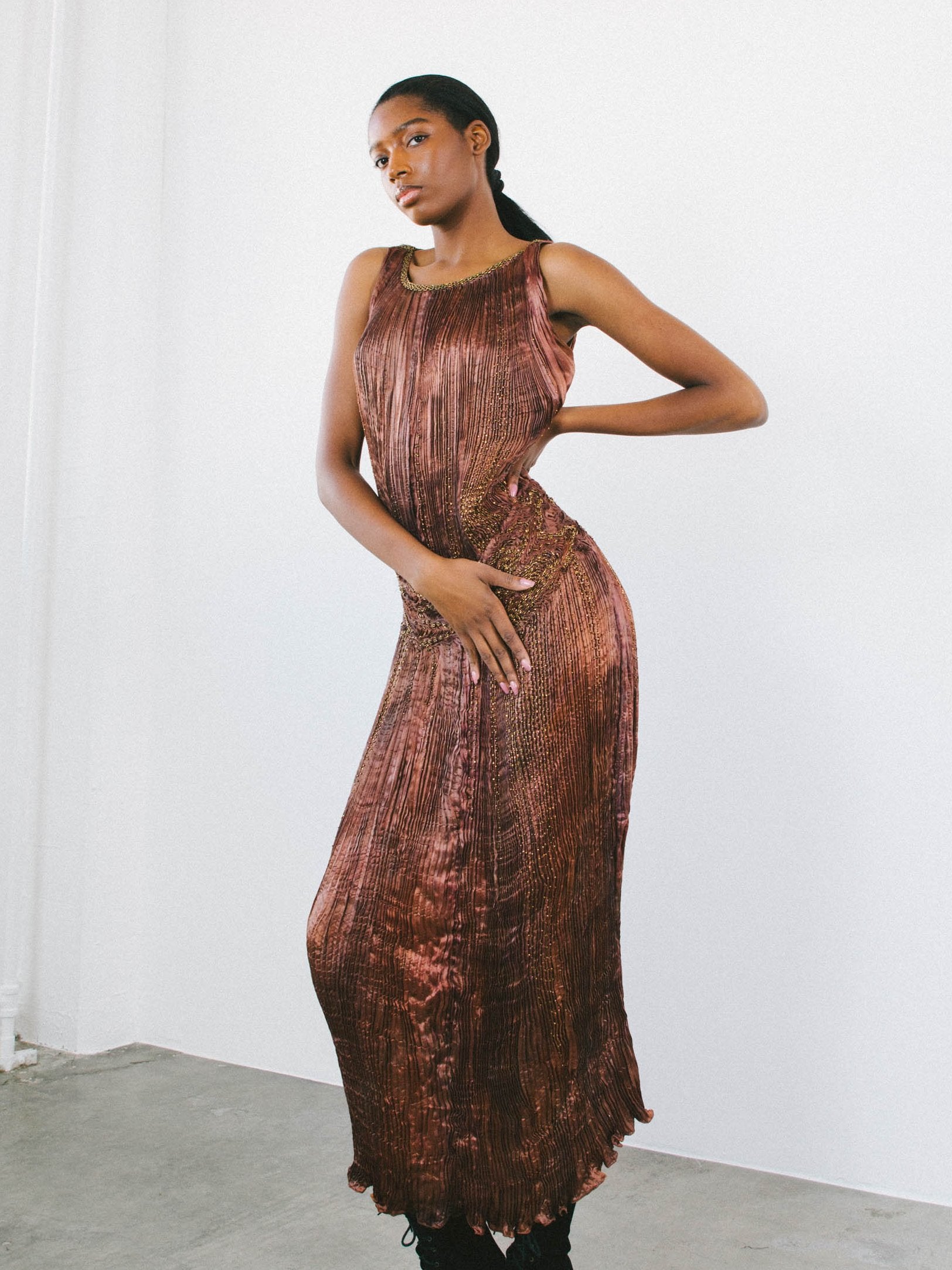 Patricia Lester Copper Silk Plisse Gown