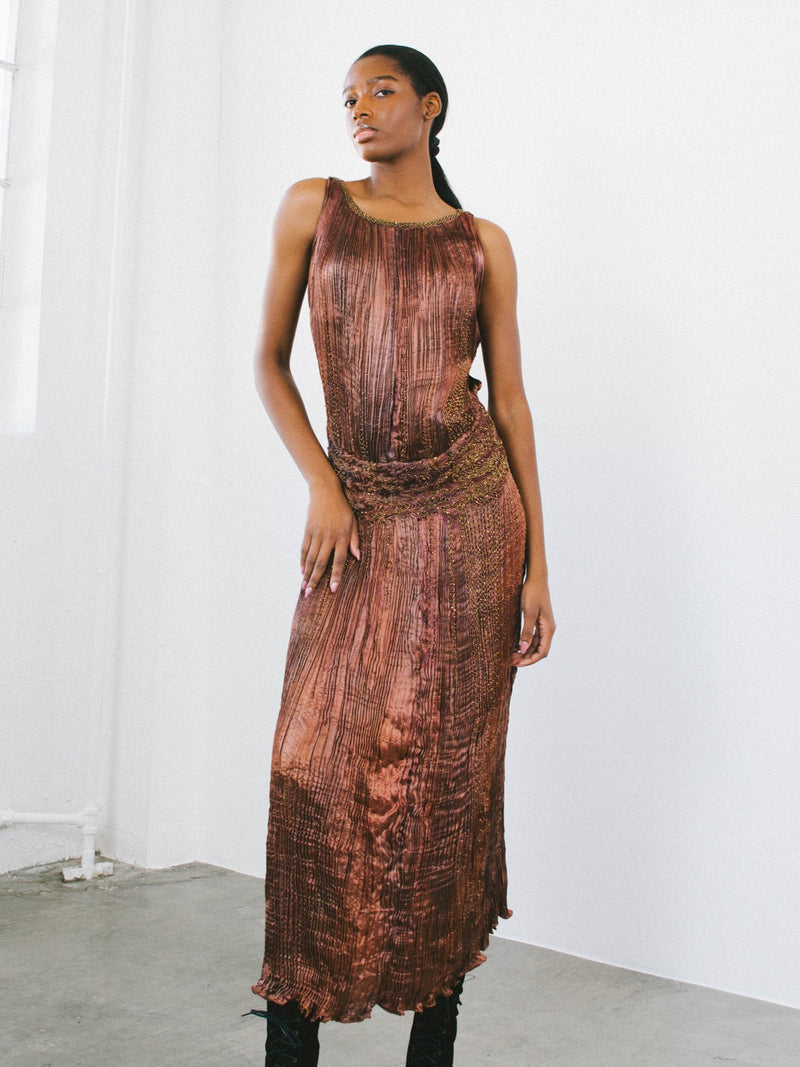 Patricia Lester Copper Silk Plisse Gown Dress arcadeshops.com