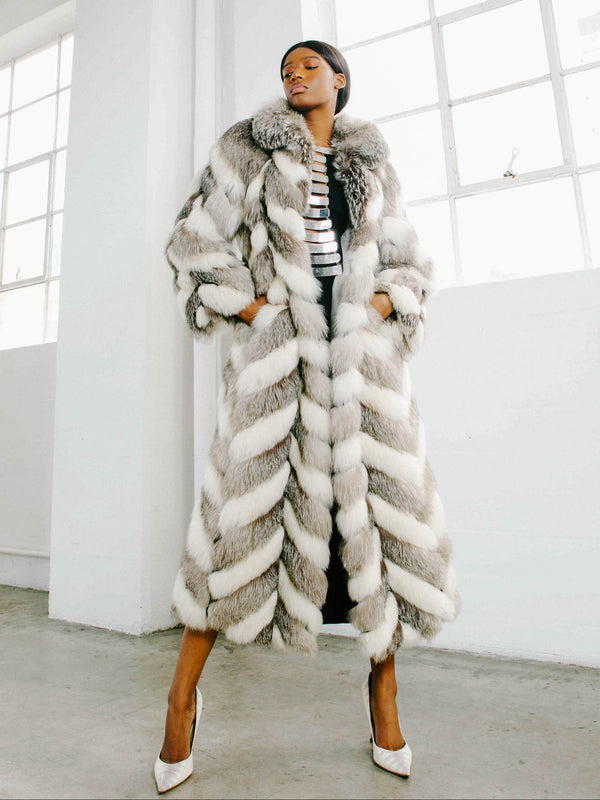 Christian Dior Gray and White Chevron Fur Coat