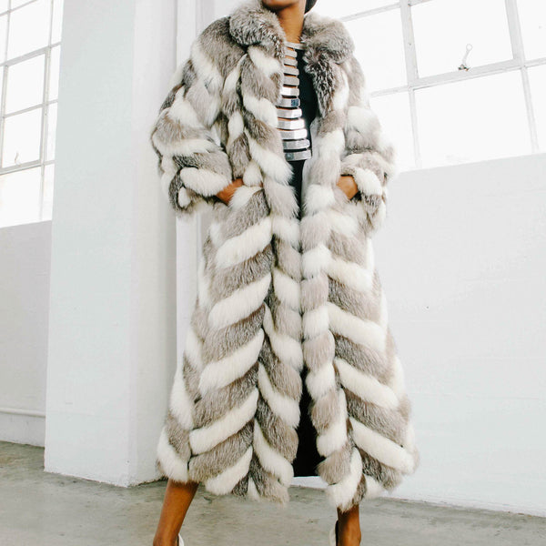 Christian Dior Gray and White Chevron Fur Coat