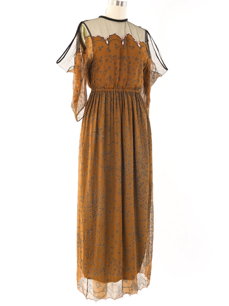 Zandra Rhodes Printed Brass Tone Chiffon Maxi Dress Dress arcadeshops.com
