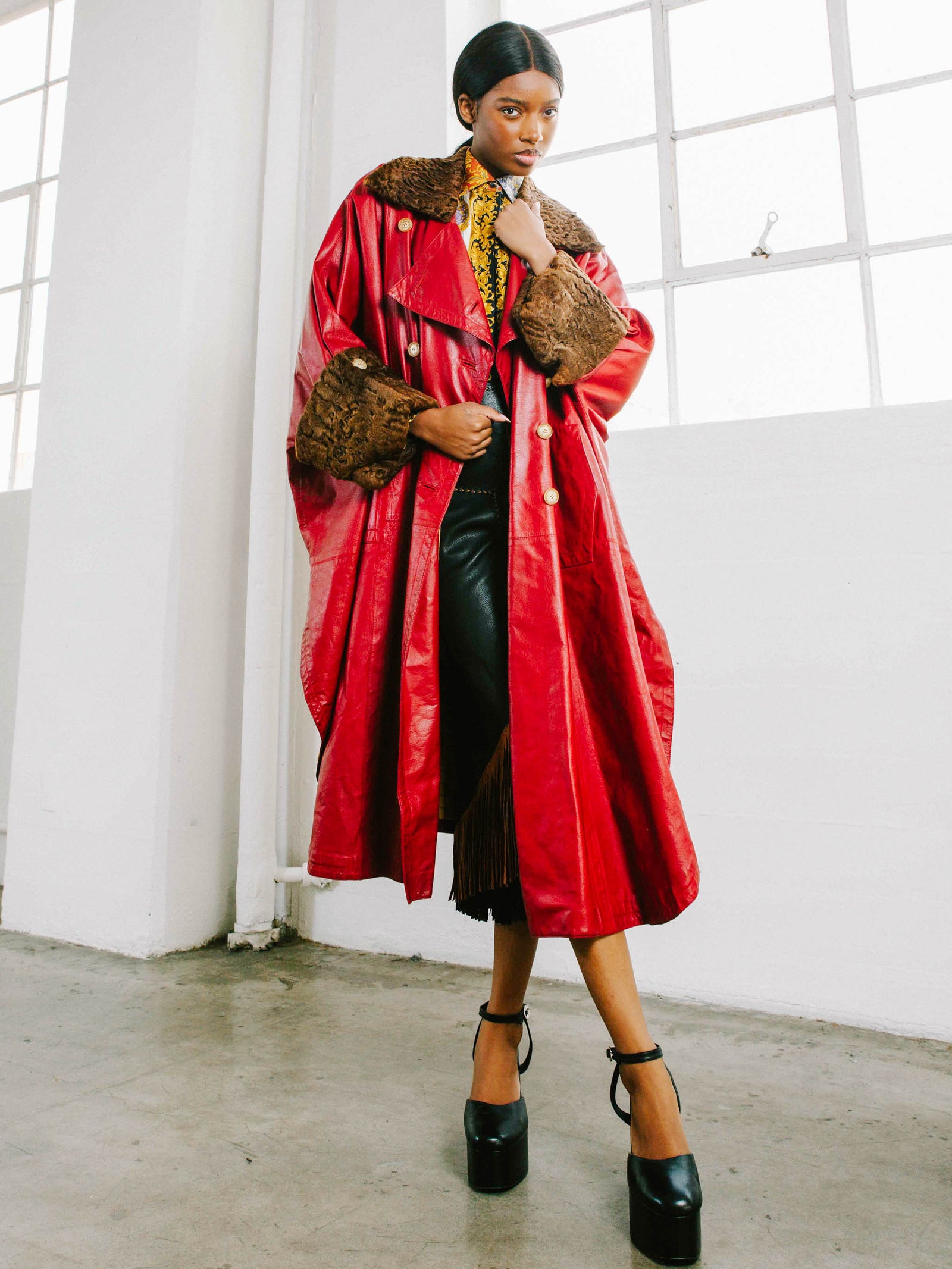 Hermes Fur Trimmed Red Leather Cloak