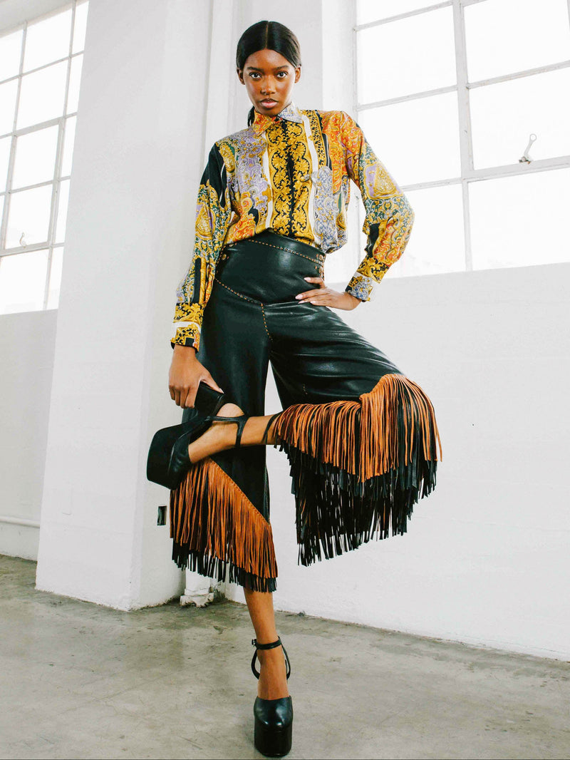 Fringe Trimmed Black Leather Culottes
