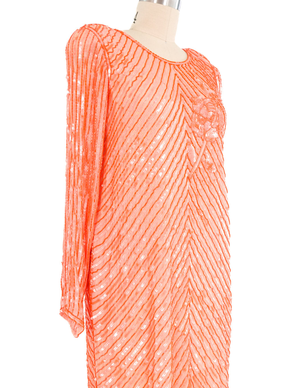 Coral Beaded Silk Chiffon Dress