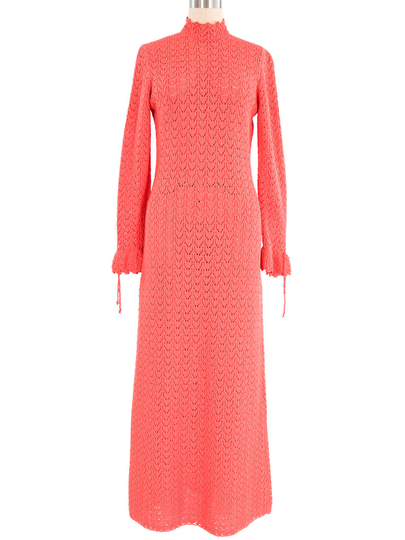1970's Coral Crochet Maxi Dress