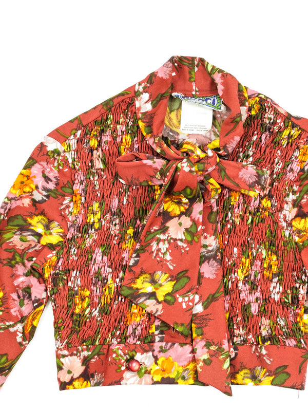 1970s Floral Pussy Bow Blouse Top arcadeshops.com