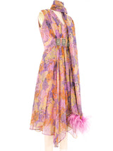 1960s Purple Abstract Swirl Print Dress with Marabou Trimmed Shawl Dress arcadeshops.com