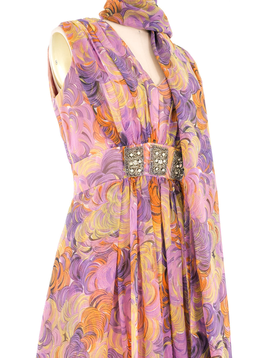 1960s Purple Abstract Swirl Print Dress with Marabou Trimmed Shawl
