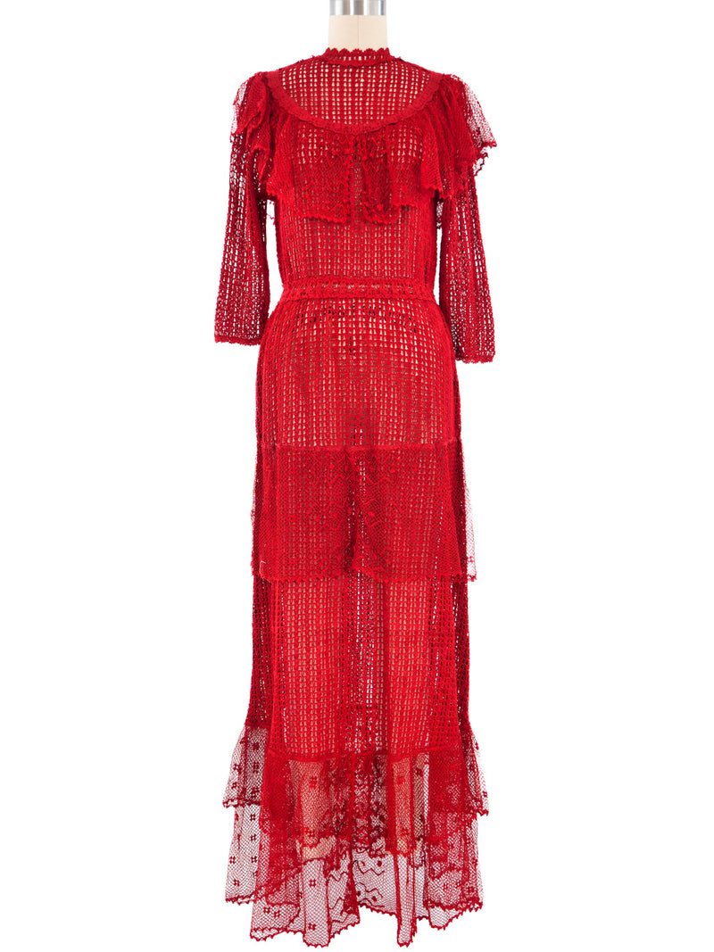 Red Ruffle Crochet Maxi Dress
