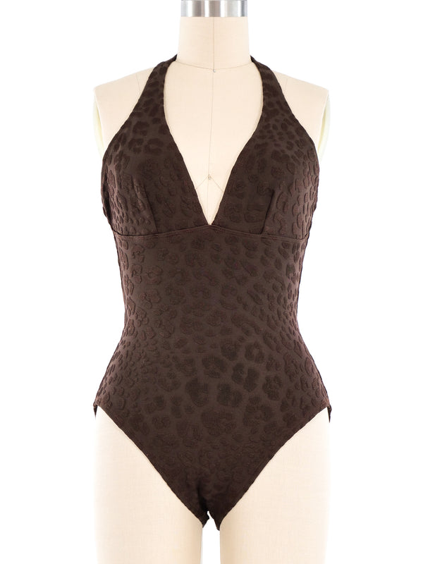 Oscar de la Renta Brown Leopard Halter Neck Swimsuit Suit arcadeshops.com