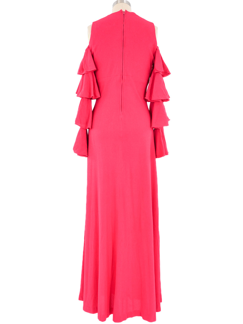1970s Fuchsia Ruffle Sleeve Maxi Dress