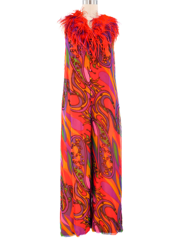 Leo Narducci Psych Print Feather Trim Jumpsuit Jumpsuit arcadeshops.com