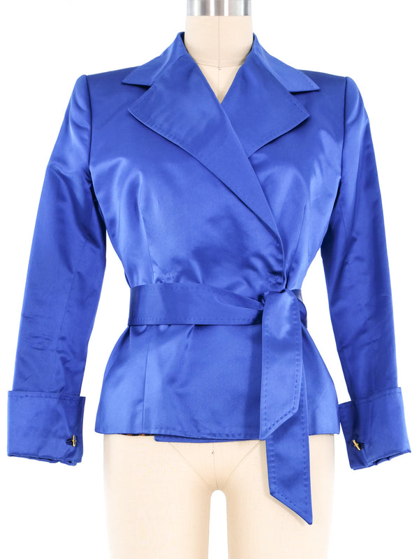 2001 Dolce And Gabbana Blue Satin Cropped Trench Coat Jacket arcadeshops.com