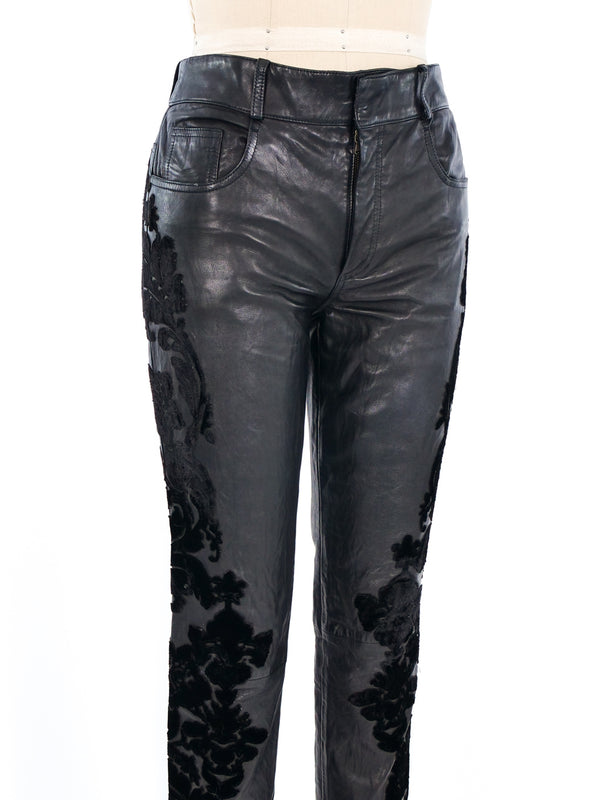 Roberto Cavalli Flocked Floral Faux Leather Pants Bottom arcadeshops.com