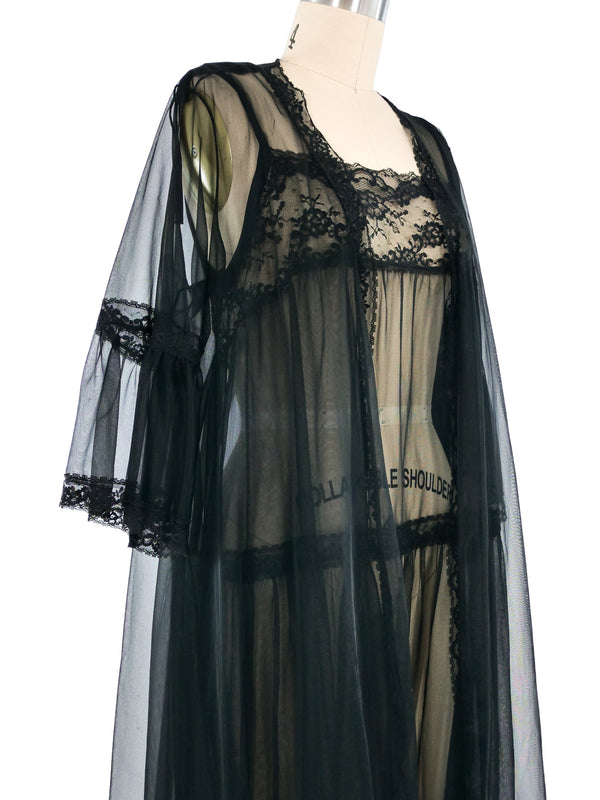 Black Nylon Lace Trimmed Peignoir Set Dress arcadeshops.com