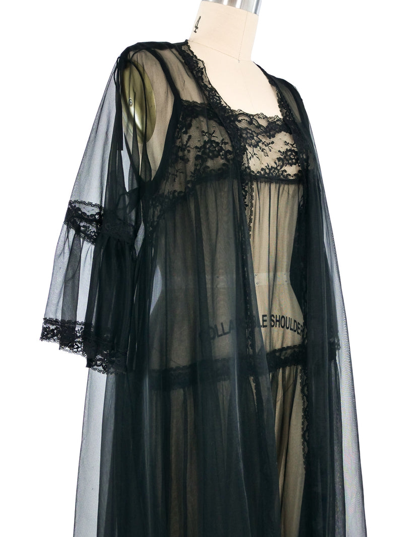 Black Nylon Lace Trimmed Peignoir Set Dress arcadeshops.com