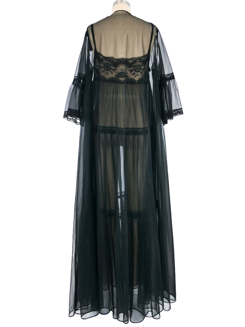 Black Nylon Lace Trimmed Peignoir Set Dress arcadeshops.com