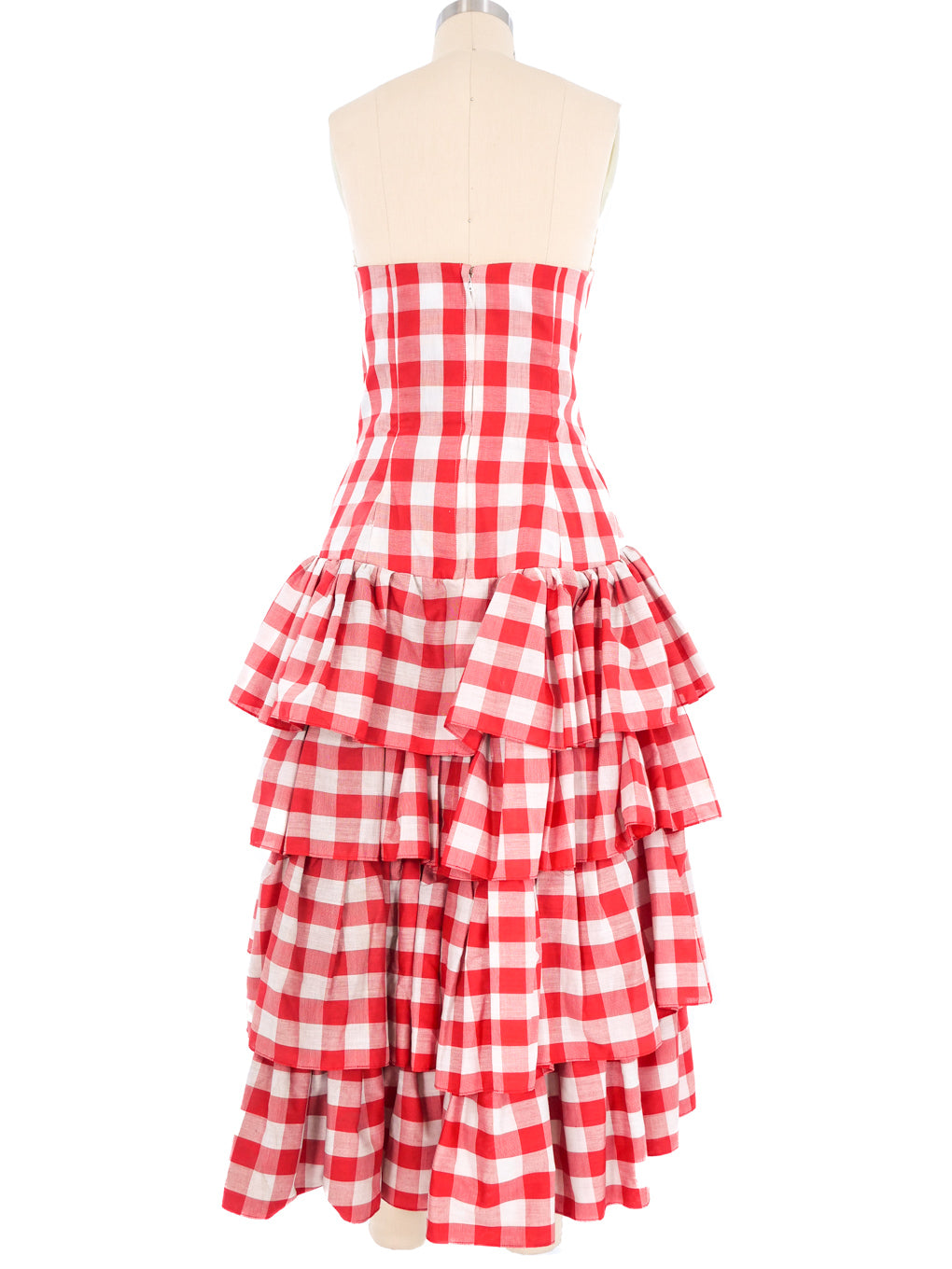 Victor Costa Gingham Ruffle Strapless Dress
