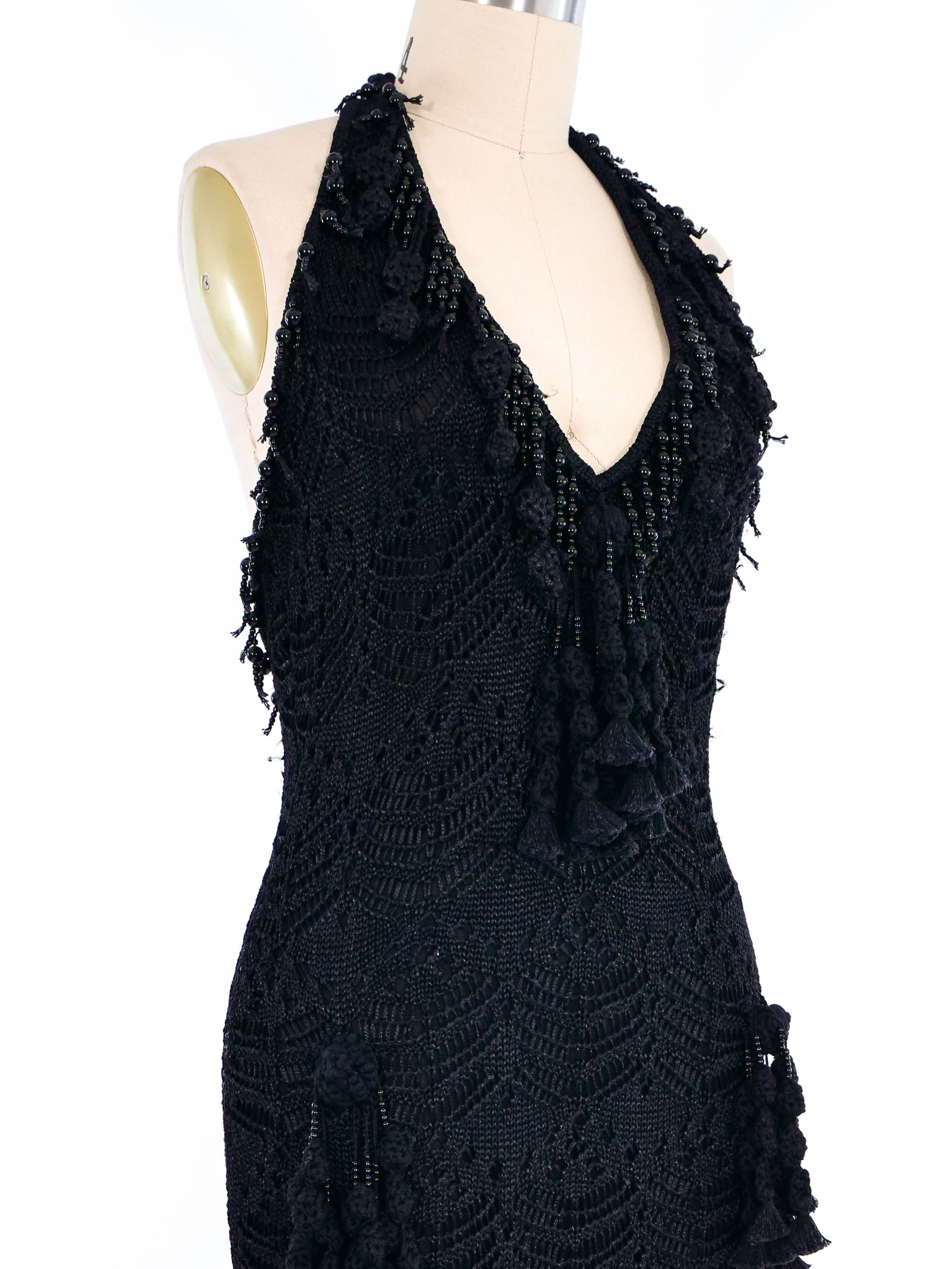 スーツ・フォーマル・ドレス John Galliano crochet dress 2000s John Galliano Bead Tassel Crochet Halter Dress