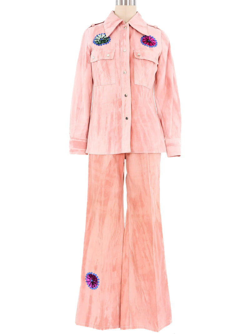 1970s Pink Tie Dyed Sequin Embellished Pant Ensemble Suit arcadeshops.com