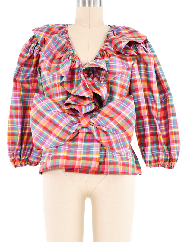 Oscar de la Renta Rainbow Plaid Puff Sleeve Top Top arcadeshops.com