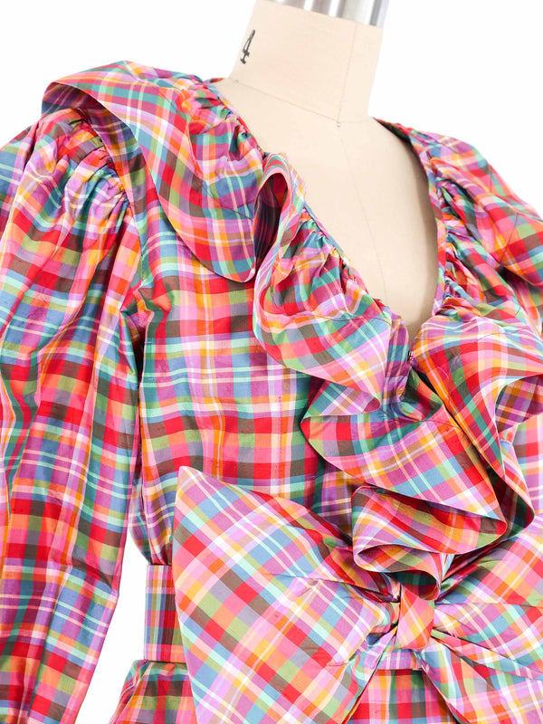 Oscar de la Renta Rainbow Plaid Puff Sleeve Top Top arcadeshops.com