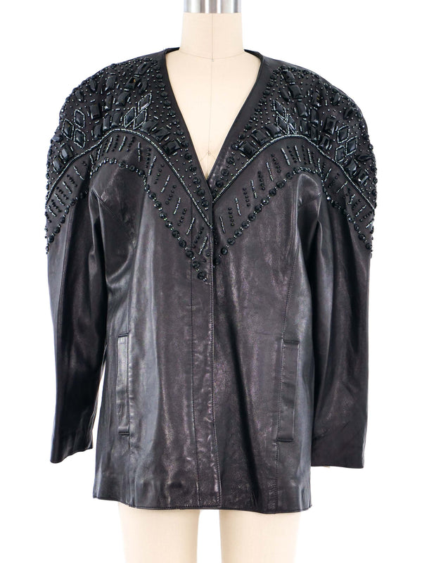 Crystal Studded Black Leather Jacket Jacket arcadeshops.com