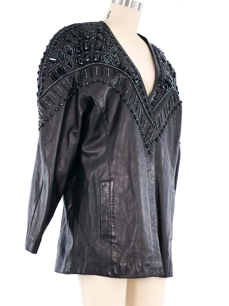 Crystal Studded Black Leather Jacket Jacket arcadeshops.com