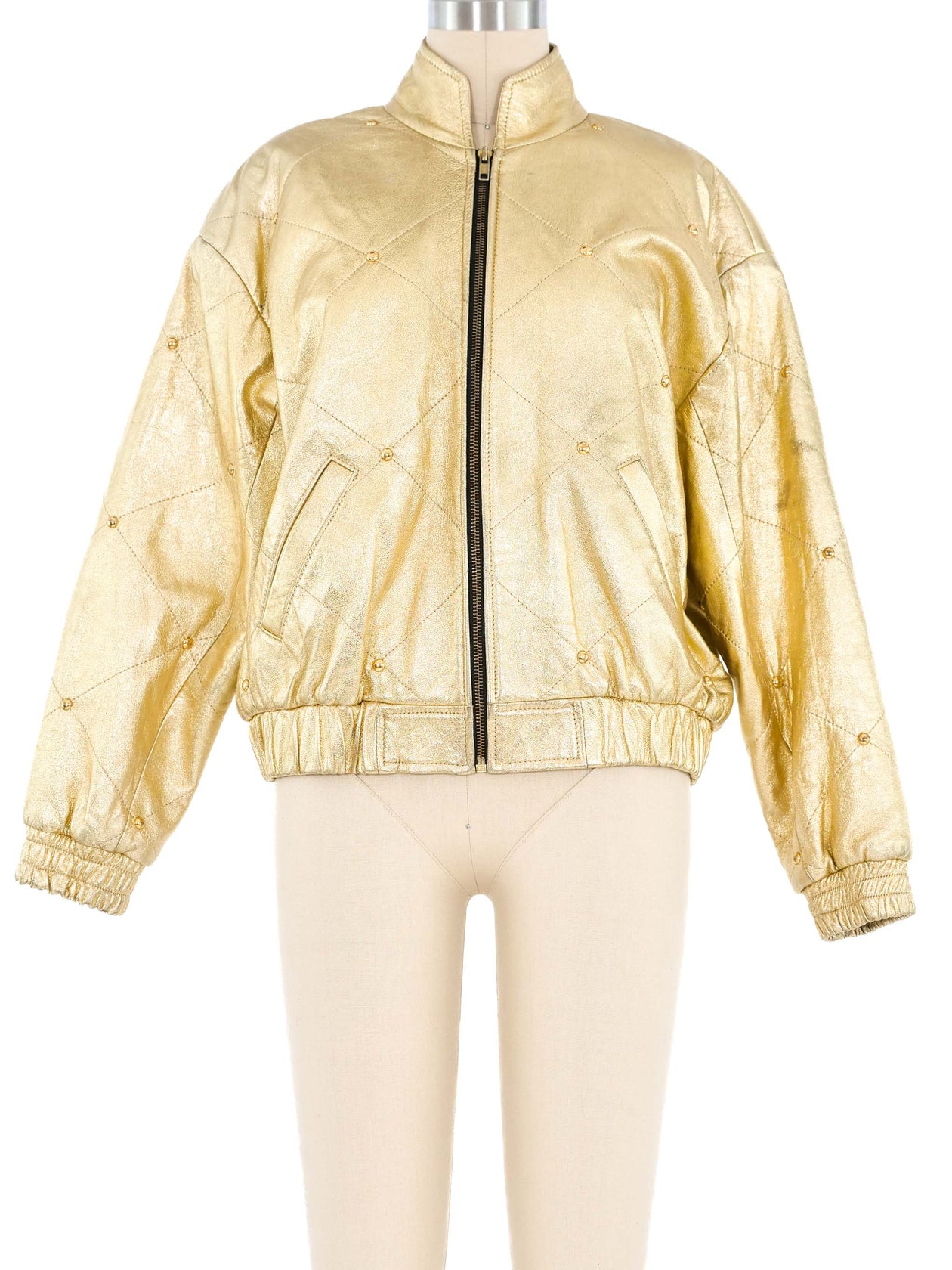 Gold Leather Studded Bomber Jacket