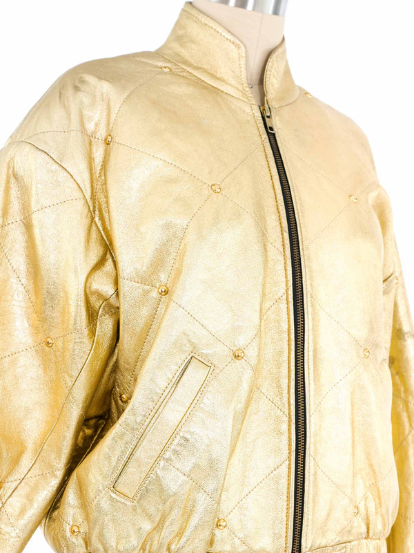 Gold Leather Studded Bomber Jacket Jacket arcadeshops.com