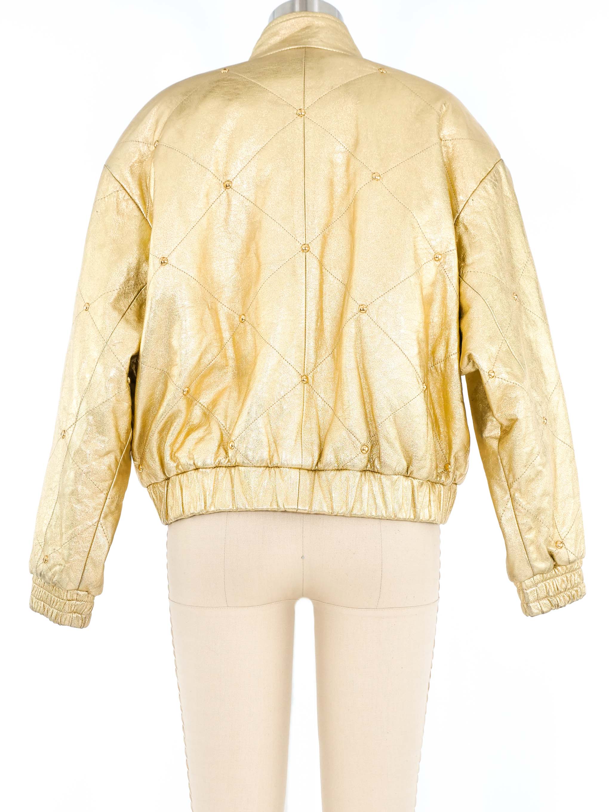 Gold Leather Studded Bomber Jacket
