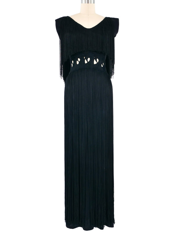 1960s Black Fringe Cut Out Gown Dress arcadeshops.com