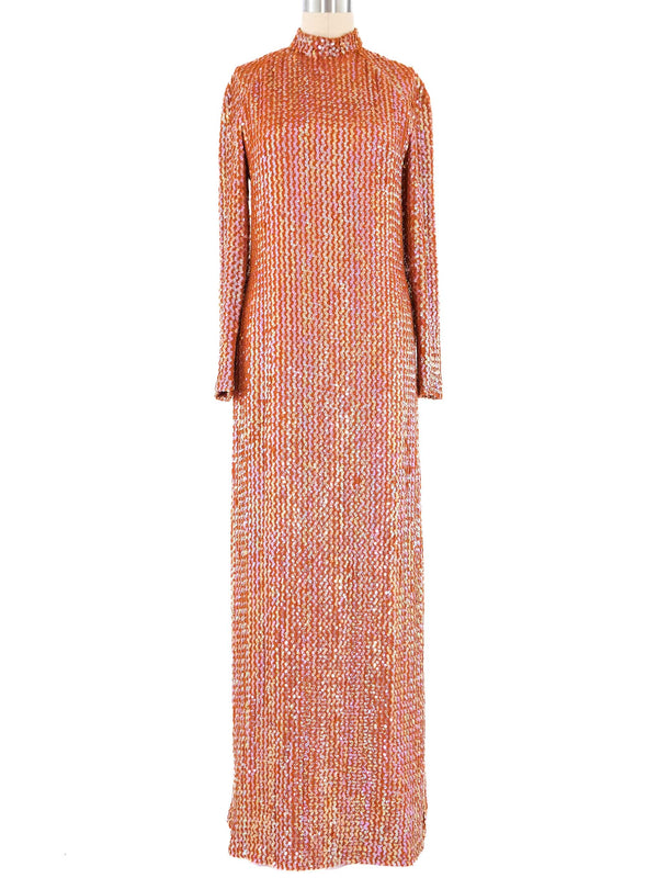 Salmon Mock Neck Sequin Gown Dress arcadeshops.com