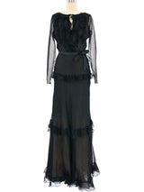 Oscar de la Renta Chiffon Tiered Ruffle Applique Gown Dress arcadeshops.com