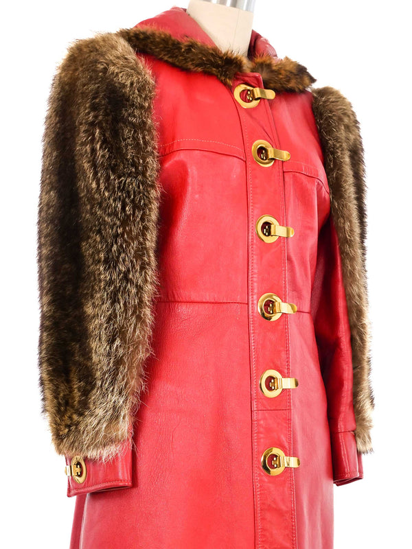 1970s Red Leather Fur Trim Coat Jacket arcadeshops.com