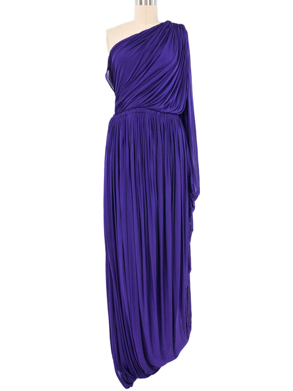 1970s Halston Purple Draped One Shoulder Chiffon Gown Dress arcadeshops.com