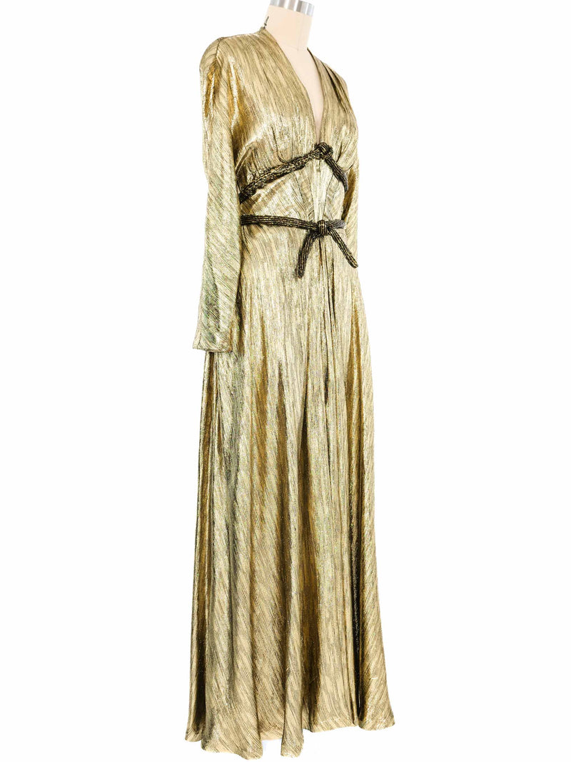 1970s Gold Lame Goddess Gown Dress arcadeshops.com