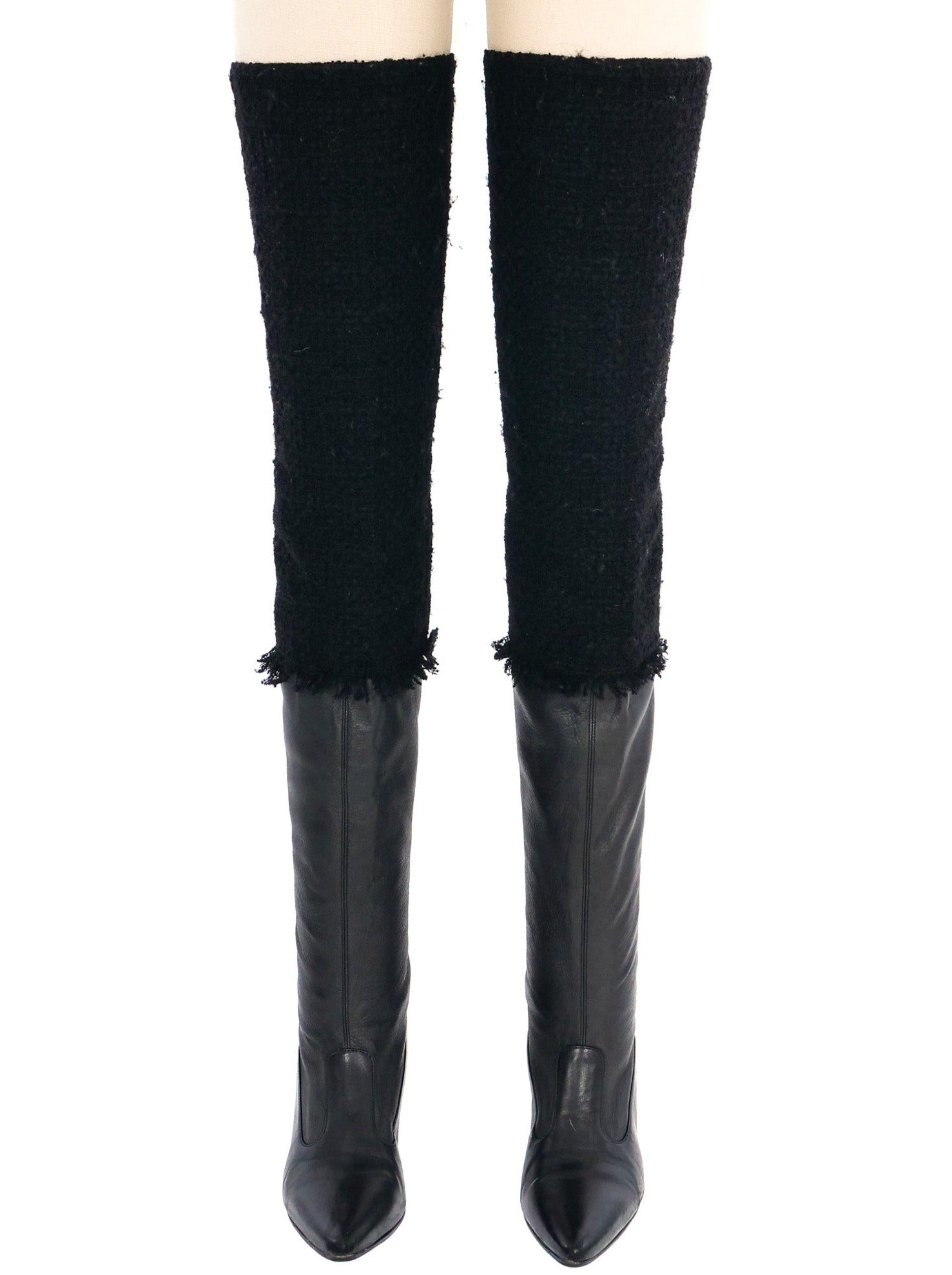 Chanel Thigh High Leather and Tweed Boots, 39