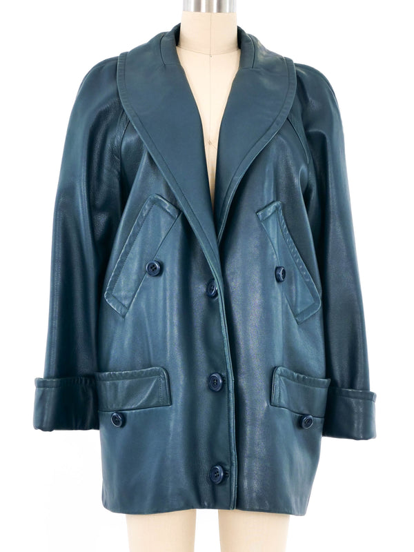 Christian Dior Teal Leather Pea Coat Outerwear arcadeshops.com